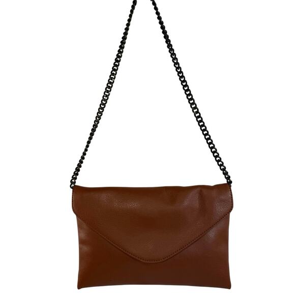 J.Crew Cognac Brown Leather Envelope Clutch Chain Shoulder Bag Purse Small 6 x 9 - Picture 1 of 9